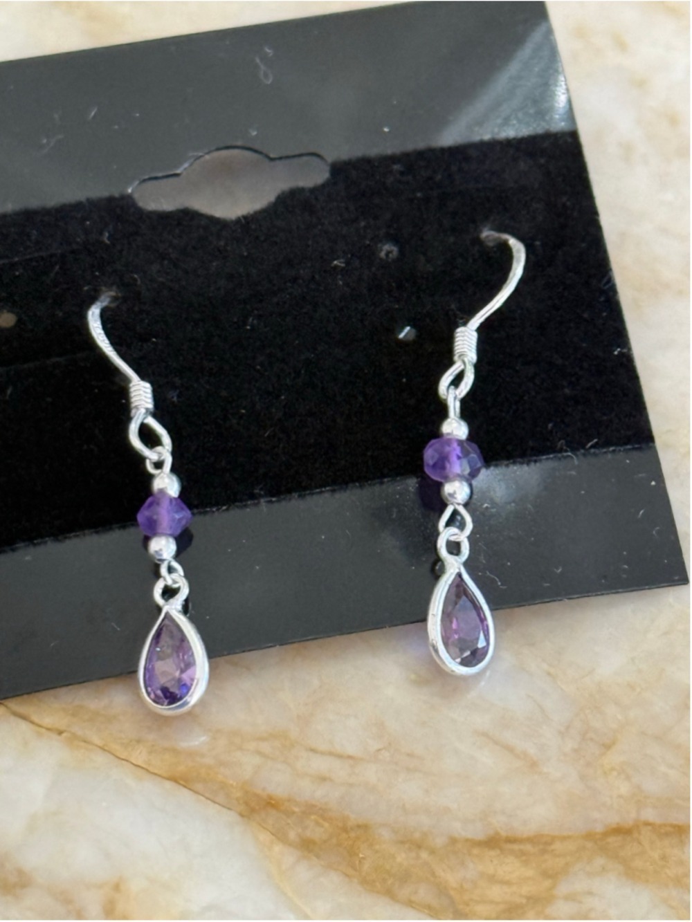Signed Sterling Amethyst Teardrop Earrings, Purple and Silver, cabochon, lightwe